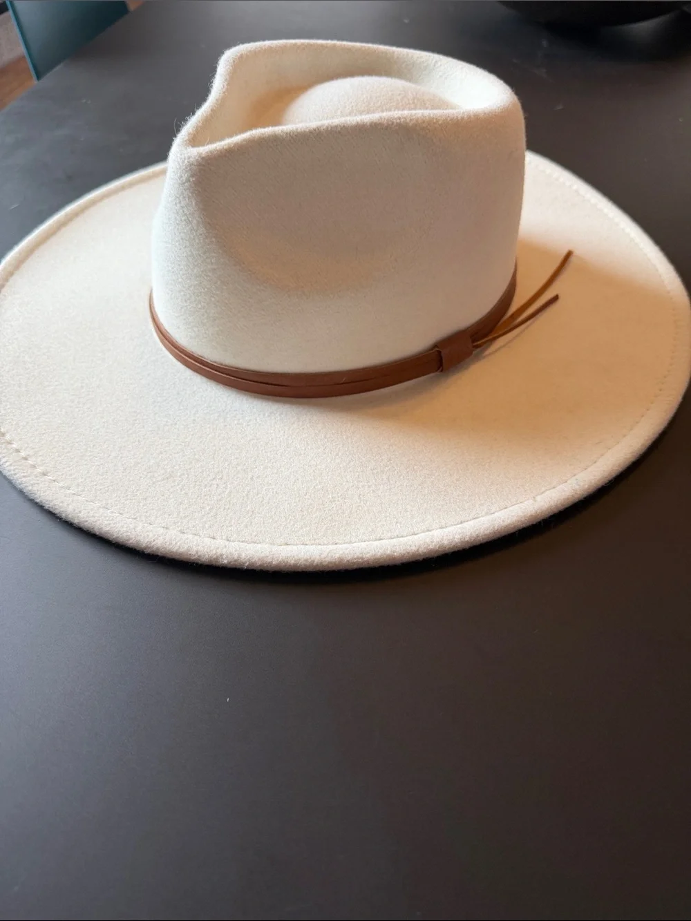 Frye Cream Wide-Brim Felt Hat with Brown Leather Band